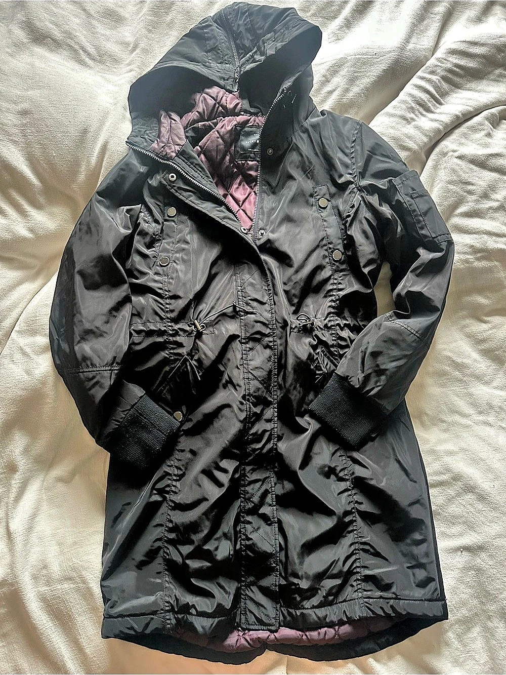 Lucky Brand Long Line Quilted Puffer Coat Black & Purple Small